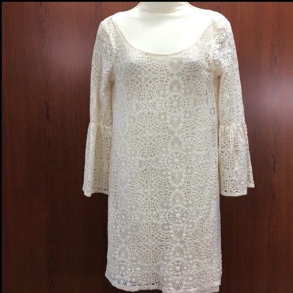 American Eagle Outfitters S Boho Dress Bell Sleeve Romantic Crochet Lace Creme - Picture 10 of 10